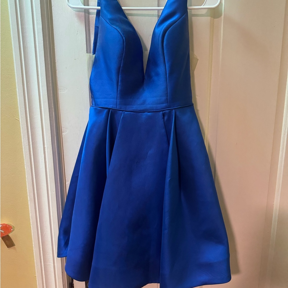 Sherri Hill Royal Blue Plunge Mini Dress - Picture 2 of 2